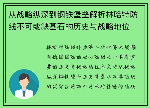 从战略纵深到钢铁堡垒解析林哈特防线不可或缺基石的历史与战略地位