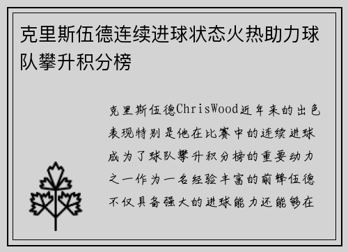 克里斯伍德连续进球状态火热助力球队攀升积分榜