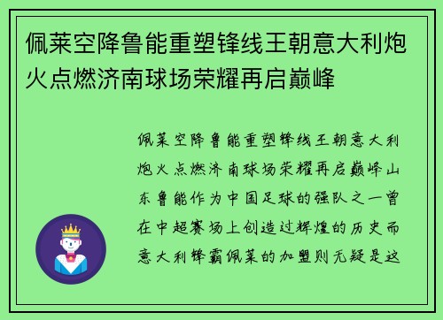 佩莱空降鲁能重塑锋线王朝意大利炮火点燃济南球场荣耀再启巅峰