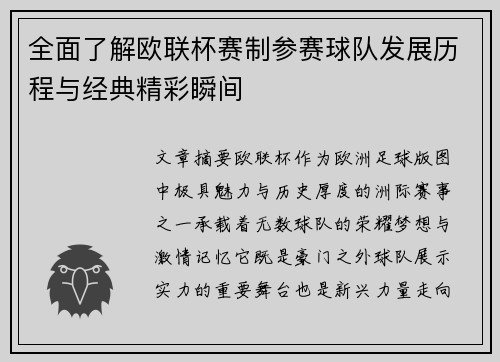 全面了解欧联杯赛制参赛球队发展历程与经典精彩瞬间
